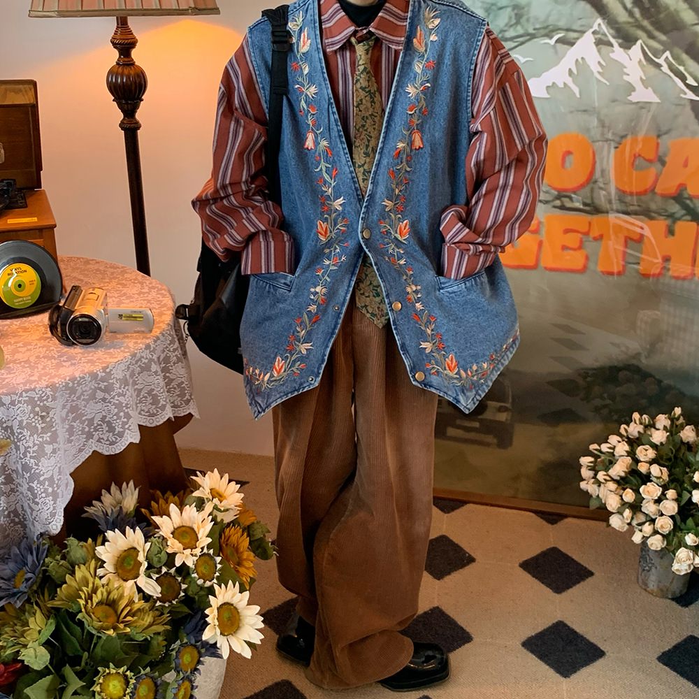 Cottagecore Embroidery Denim Vest